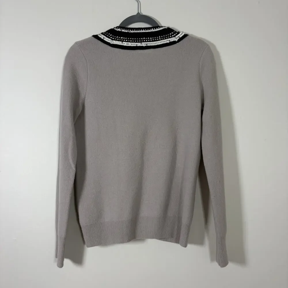 Tory Burch Gray Merino Wool Embellished Sequin V-Neck Sweater Size S/P Preppy